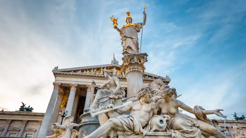 Sculpture in front of the parliament building in Vienna, Austria