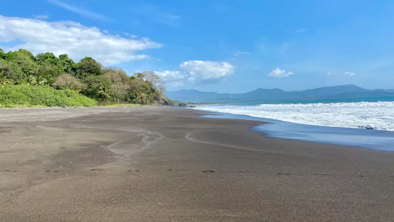 Peaceful black sand beach in Panama with ocean waves, lush jungle, and distant mountains under a clear blue sky